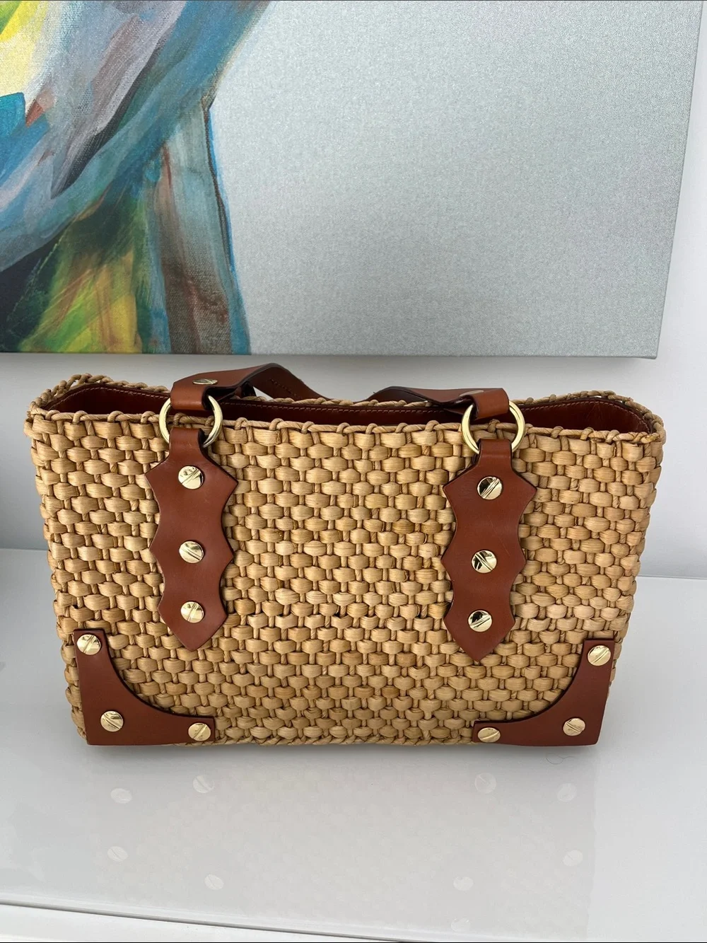 Michael Kors Santorini Leather Rafia Straw Woven Rectangular Straw Shoulder Bag